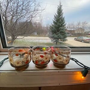 3 Vintage Libbey Smoke grey Juice Glasses with Orange & Yellow Flowers